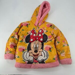 Kids Minnie Mouse Puffer Jacket Yellow Floral Faux Fur Hooded Coat Size 6